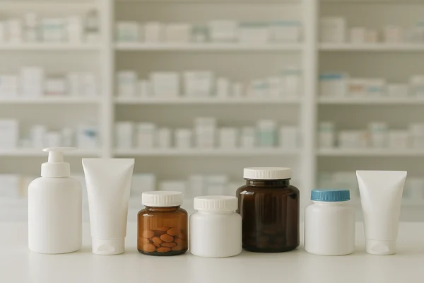 Produtos de farmácia e beleza organizados no balcão da Drogasil