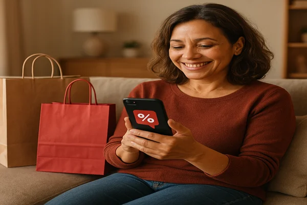 Pessoa sorrindo ao encontrar cupom de desconto no app do Mercado Livre