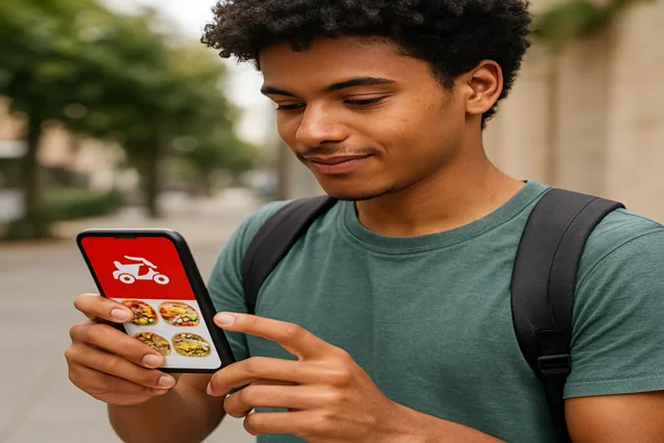 Jovem baixando app de delivery