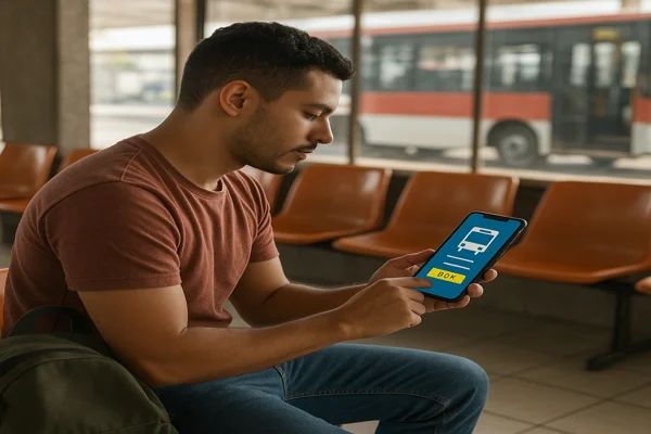 Pessoa comprando passagem de ônibus pelo celular no terminal