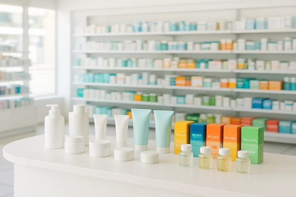 Balcão de farmácia Droga Raia com produtos organizados