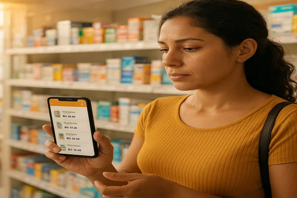 Pessoa comparando preços no app da farmácia enquanto compra