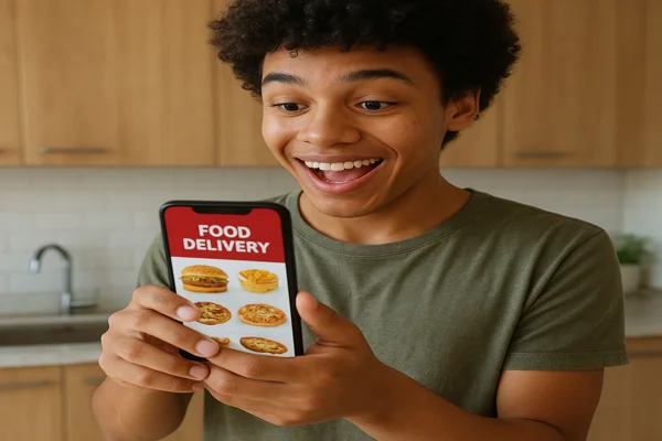 Jovem baixando app de delivery pela primeira vez
