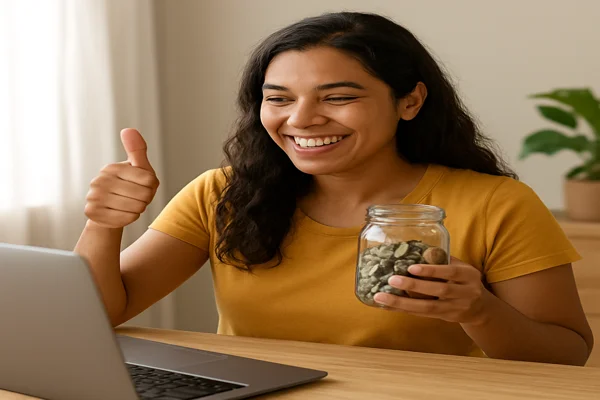 Pessoa comemorando economia com cashback online