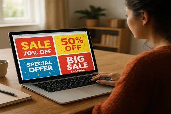Pessoa pesquisando sites de cupom de desconto no laptop