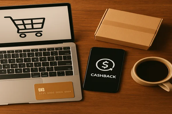 Mesa com laptop, cartão de crédito e caixa de entrega para compras online