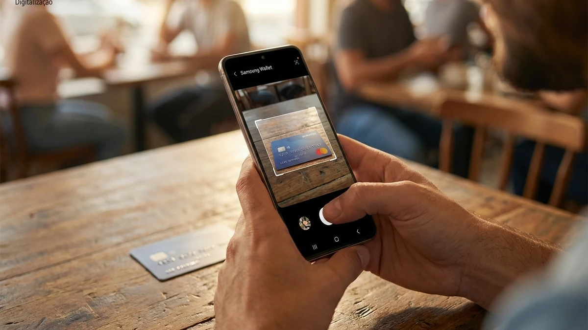Mão segurando celular Samsung com Samsung Wallet aberto mostrando cartões