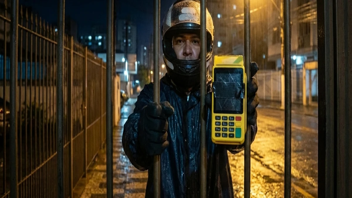 Maquininha de cartão usada em ambiente suspeito como exemplo de cartão clonado