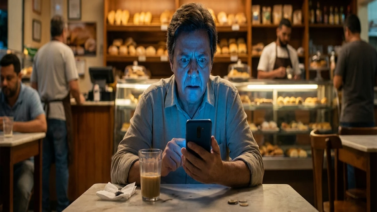 Homem descobrindo cartao clonado ao ver notificacao no celular