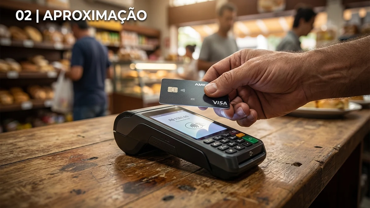 Celular tentando pagar por aproximação na maquininha