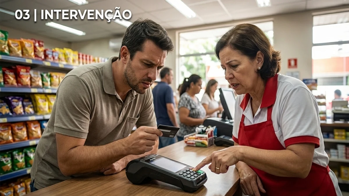 Pessoa aliviada após resolver problema com cartão que não passava