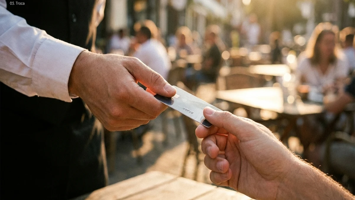 Pessoa com celular, cartão e chaves organizados antes de sair