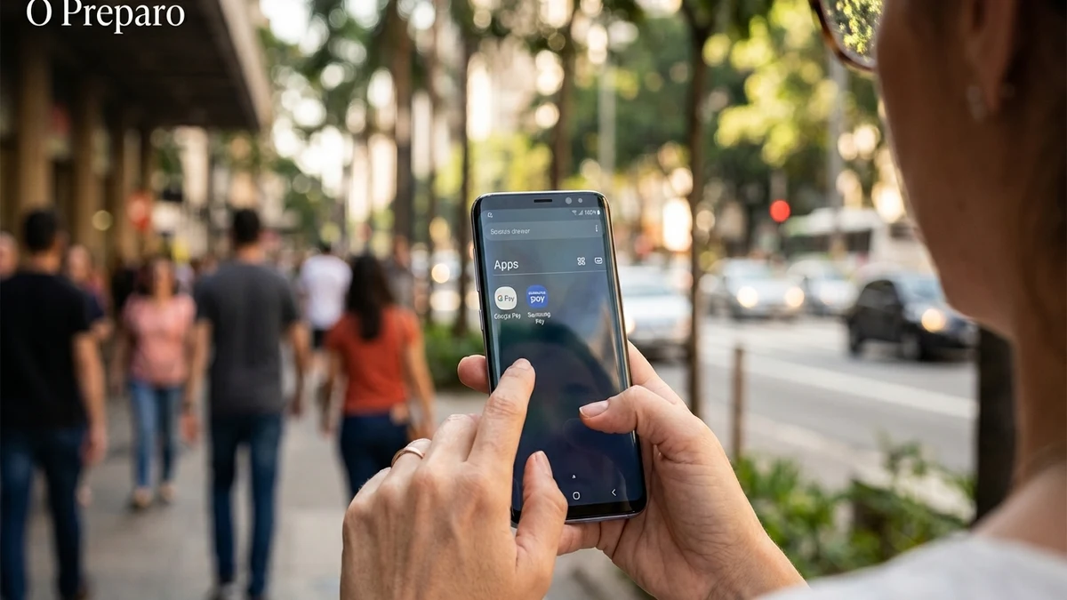 Pessoa confiante usando carteira digital no celular para pagamento seguro