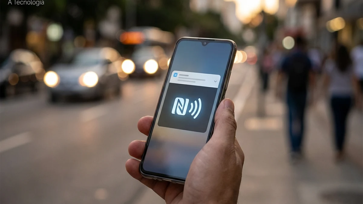 Mão segurando celular com NFC ativado próximo a leitor