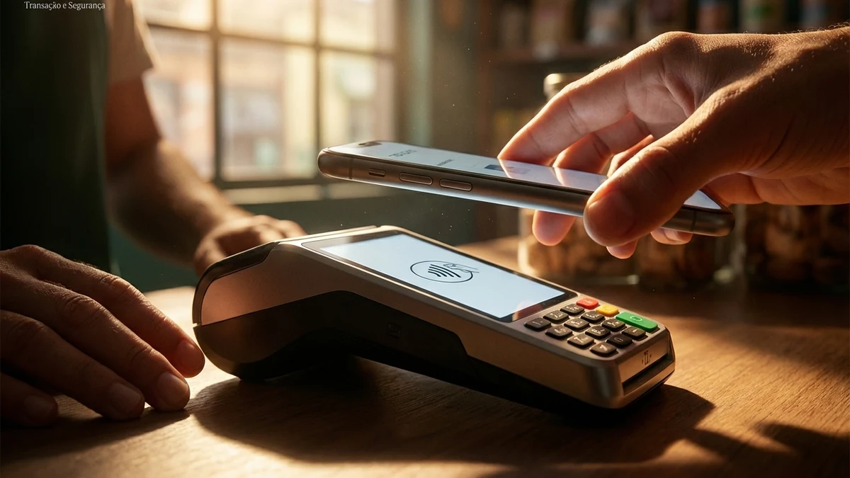 Pessoa confiante usando celular com NFC no dia a dia