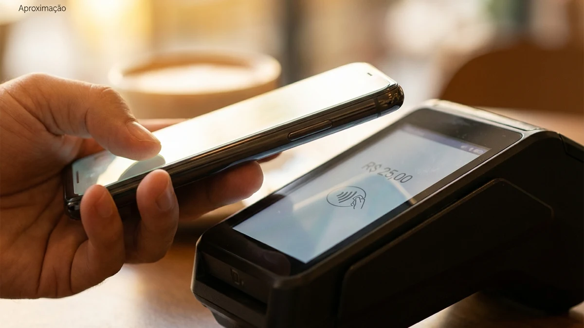 Mão aproximando celular de maquininha para pagar por aproximação celular