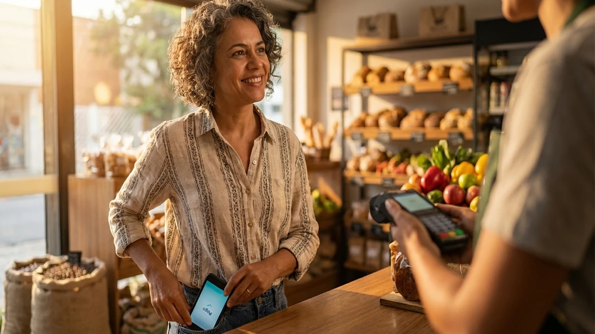 Mulher brasileira sorrindo com celular em padaria após pagar por aproximação celular
