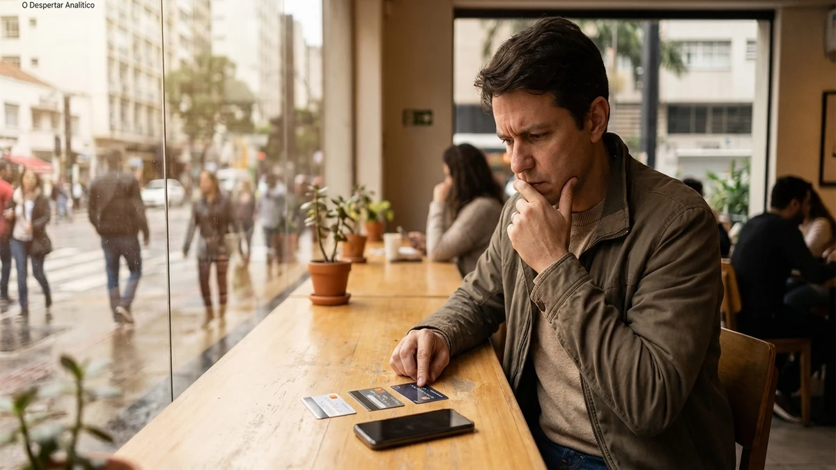 Pessoa organizando cartões e verificando datas no celular